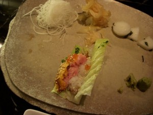 Lettuce wrap with rice, toro, ikura and uni