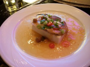 Sturgeon filet atop soft tofu