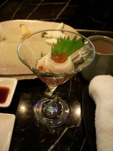 Shredded sweet potato with ikura and shiso