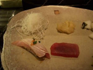 Torched salmon sushi and tuna sashimi
