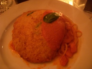 Unusual chicken parmesan with spaghetti