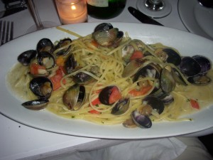 Linguini with white clam sauce (Josh got tired of me taking and re-taking pictures because they were too blurry so he broke his no-flash rule just for this shot)