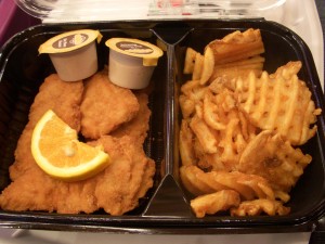 Soggy, ordinary chicken tenders and waffle fries