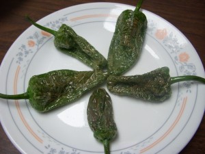 Fried pimientos de padron sprinkled with coarse salt