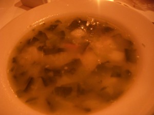 Collard green, potato, and sausage soup