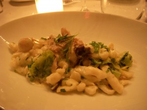 Spatzle with braised rabbit, mushrooms, and brussels sprouts