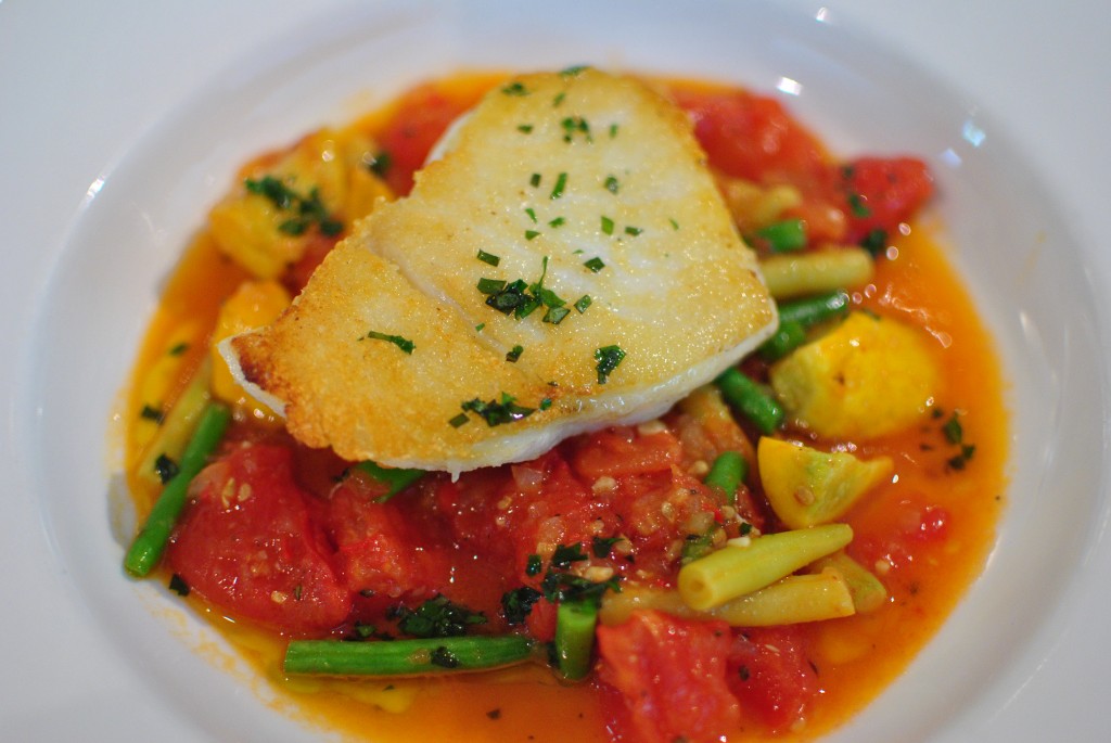 Pan roasted cod with stewed tomatoes, summer squash, and wax beans