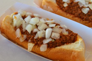 The Michigan - a chili covered hot dog with onions on top