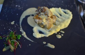 Sweetbreads on top of celery root puree with fig and truffle sauce