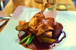 Duck confit with port sauce and sweet potato puree