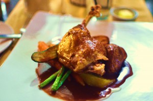 Duck confit with port sauce and sweet potato puree