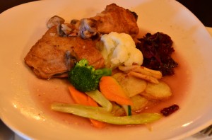 Coq au vin with assorted vegetables