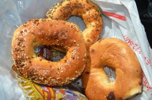 Everything bagel, chocolate chip bagel, and caraway seed bagel from Fairmount Bagels
