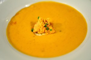 Shrimp bisque with pimento crostini