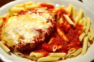 Chicken parmiagiana with penne pasta