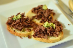 Braised short rib bruschetta with horseradish gremolata