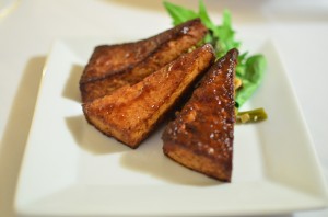 Caramelized tofu triangles with charred broccoli rabe