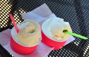 Riso and straciatella on the left, sweet milk and ricotta and pear on the right
