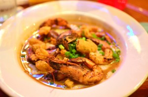 BBQ Gulf shrimp and grits with fried green tomatoes