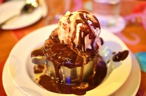 Double chocolate bread pudding with vanilla ice cream