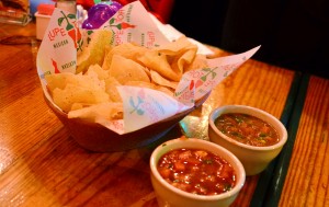 Tortilla chips, salsa, bean dip