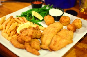 Captain's platter with fried shrimp, tilapia, and scallops