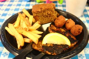 Jerk grouper, french fries, sweet potato cornbread, hush puppies