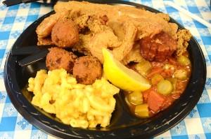 Hush puppies, mac n' cheese, stewed okra and tomatoes