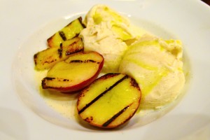 Grilled peaches with vanilla gelato, olive oil, and sea salt